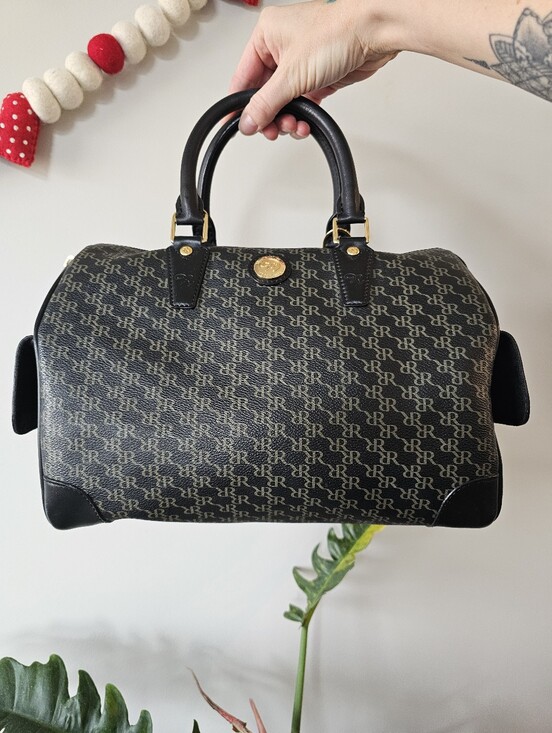 Rioni Handbags - Rioni Monogram Barrel Satchel Handbag Black Brown Gold Top Handle Bag